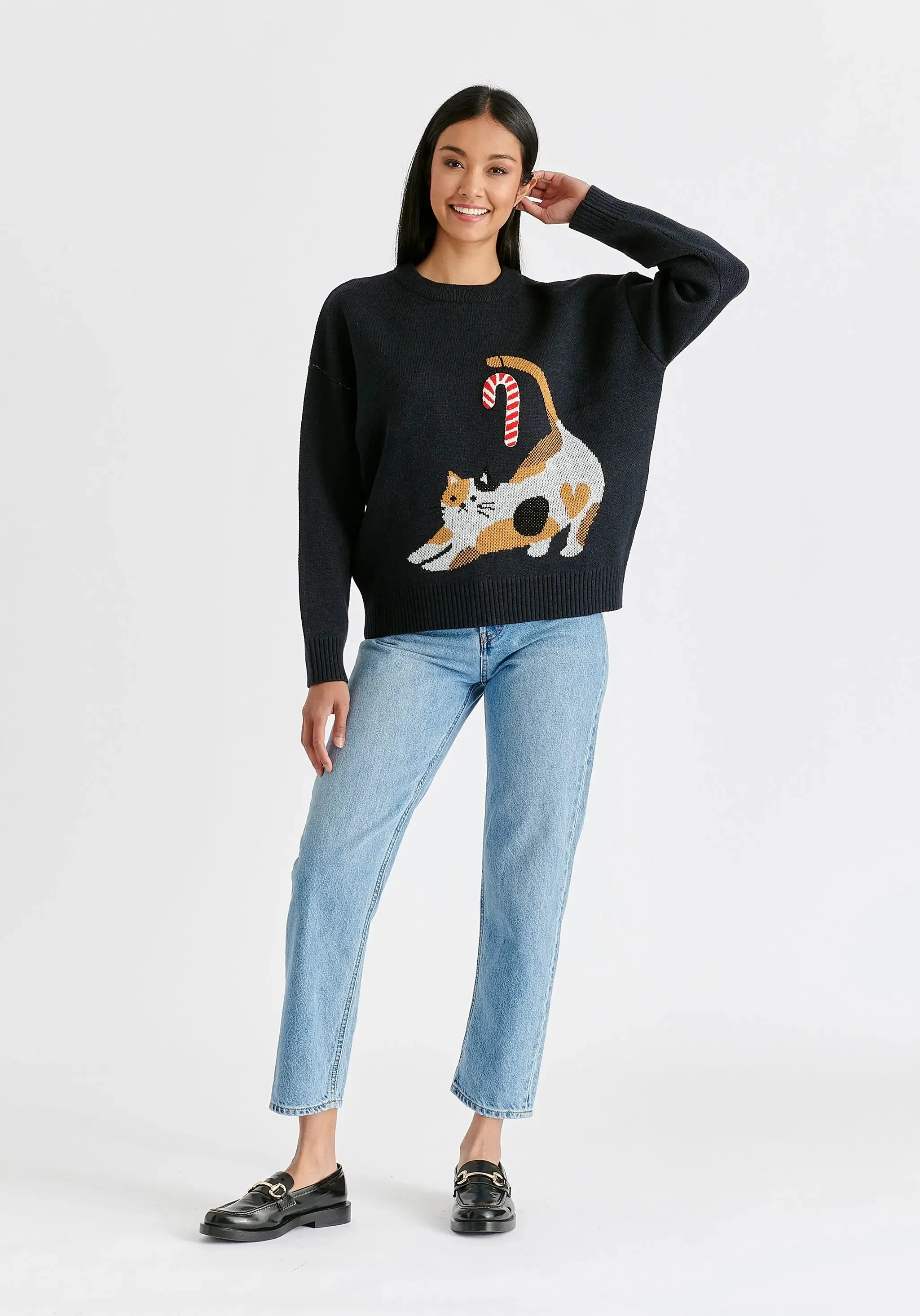 Navy Christmas Jumper With Cat and Candy Cane