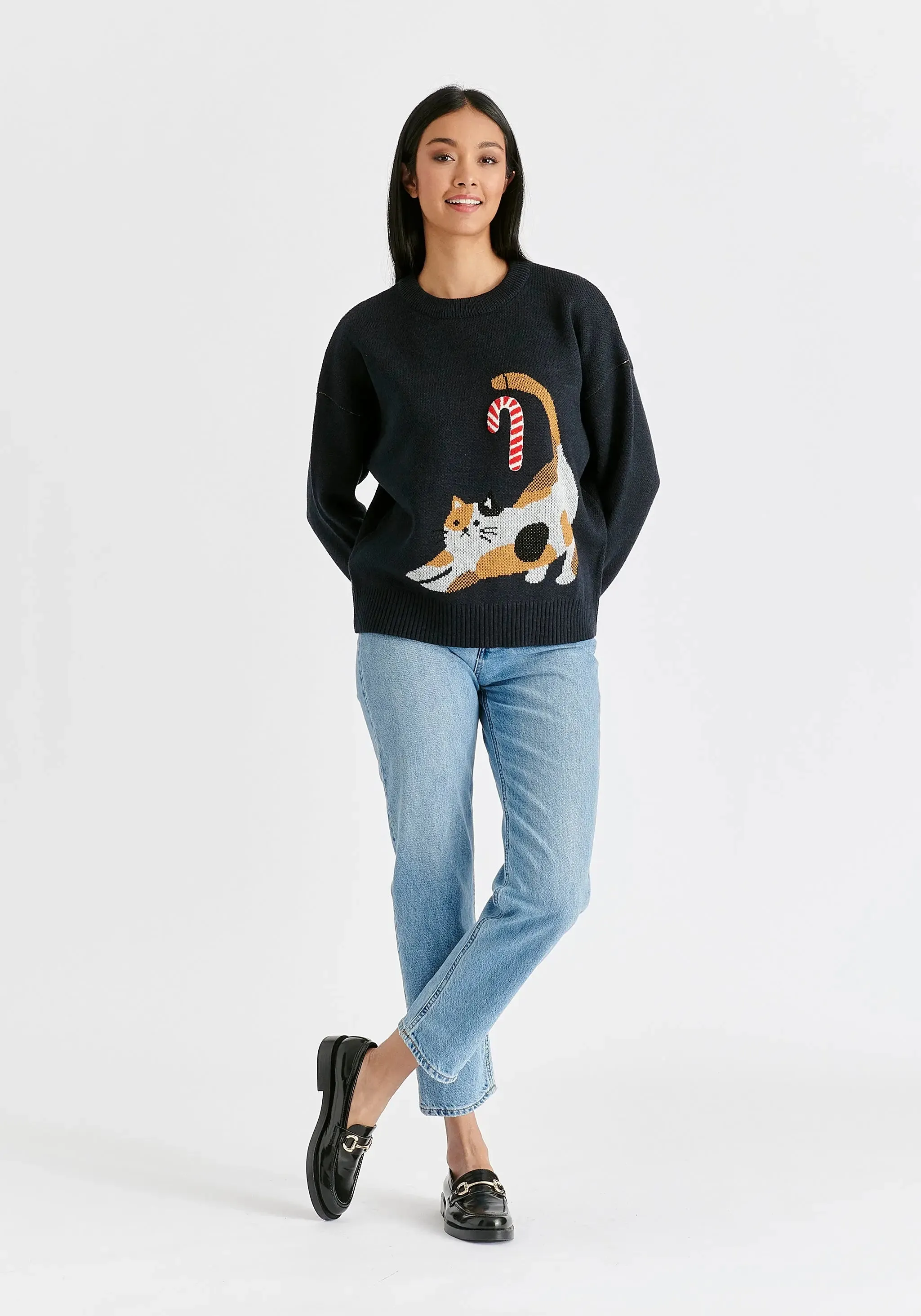 Navy Christmas Jumper With Cat and Candy Cane