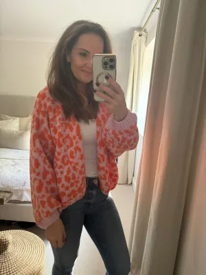 Pink and Orange Leopard Print Cardigan