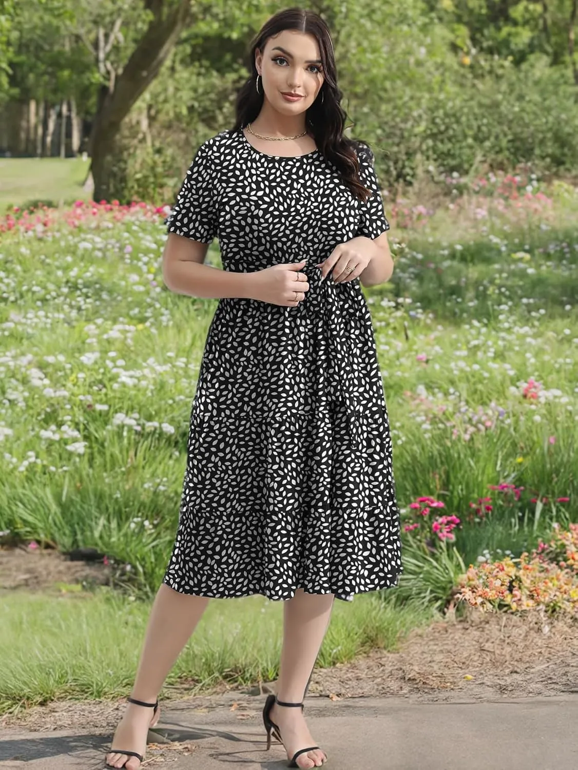 Plus Size Elegant Floral Dresses for Women 2025 Midi Tiered Flowy Belted Modest Wedding Guest Dress with Pockets