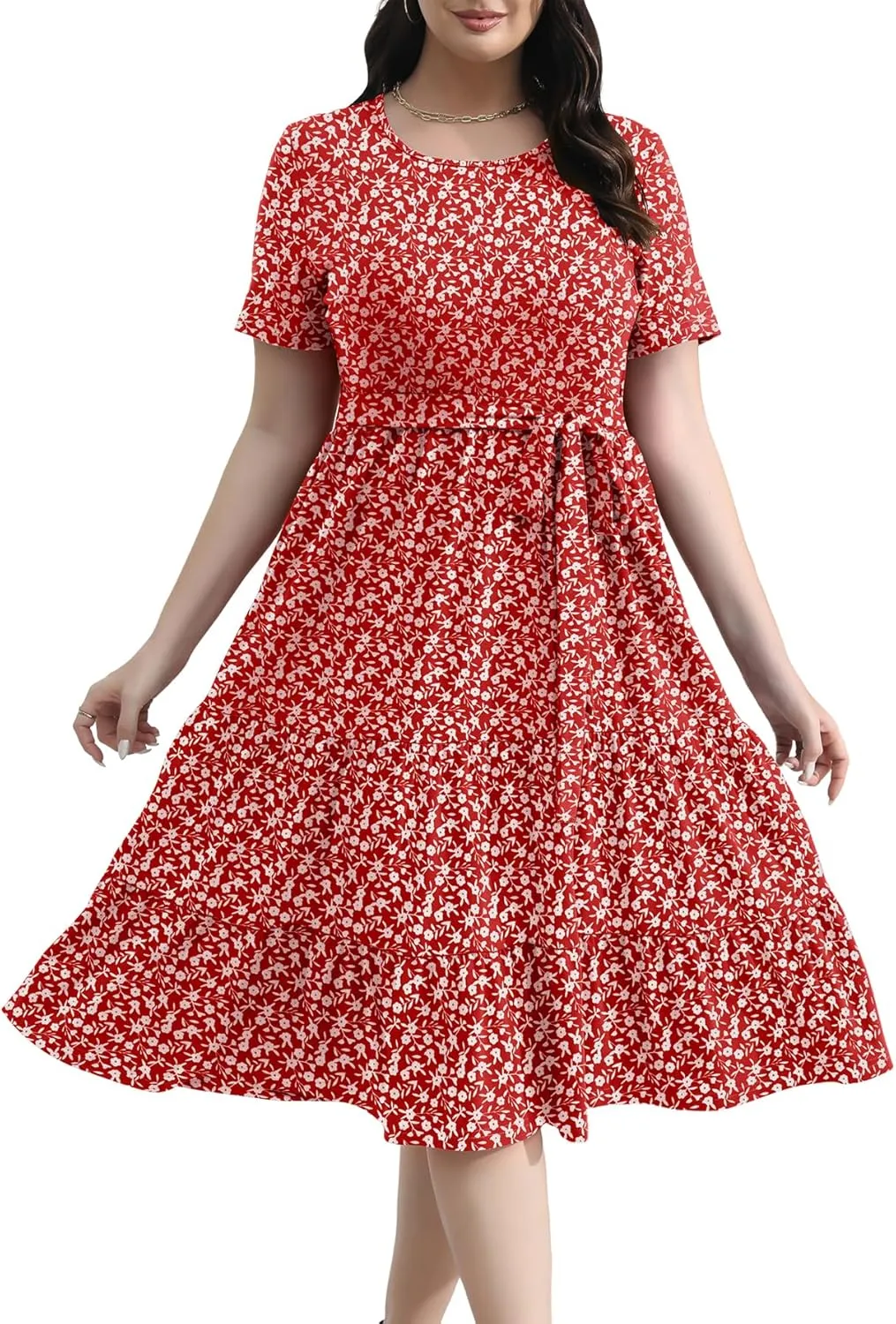 Plus Size Elegant Floral Dresses for Women 2025 Midi Tiered Flowy Belted Modest Wedding Guest Dress with Pockets