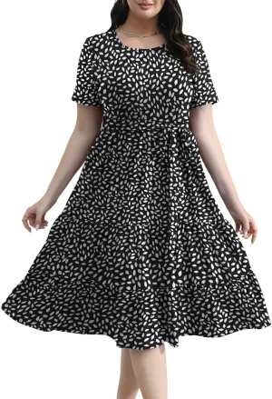 Plus Size Elegant Floral Dresses for Women 2025 Midi Tiered Flowy Belted Modest Wedding Guest Dress with Pockets