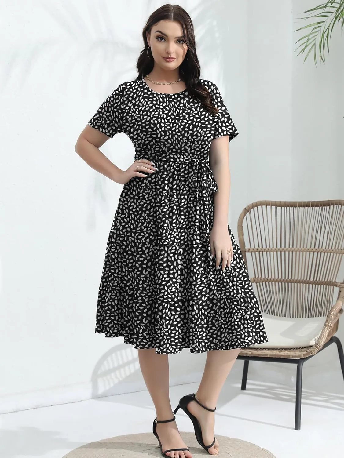 Plus Size Elegant Floral Dresses for Women 2025 Midi Tiered Flowy Belted Modest Wedding Guest Dress with Pockets
