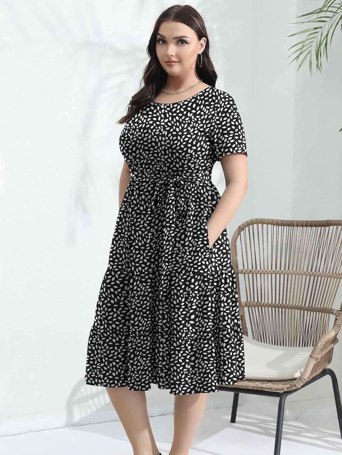 Plus Size Elegant Floral Dresses for Women 2025 Midi Tiered Flowy Belted Modest Wedding Guest Dress with Pockets