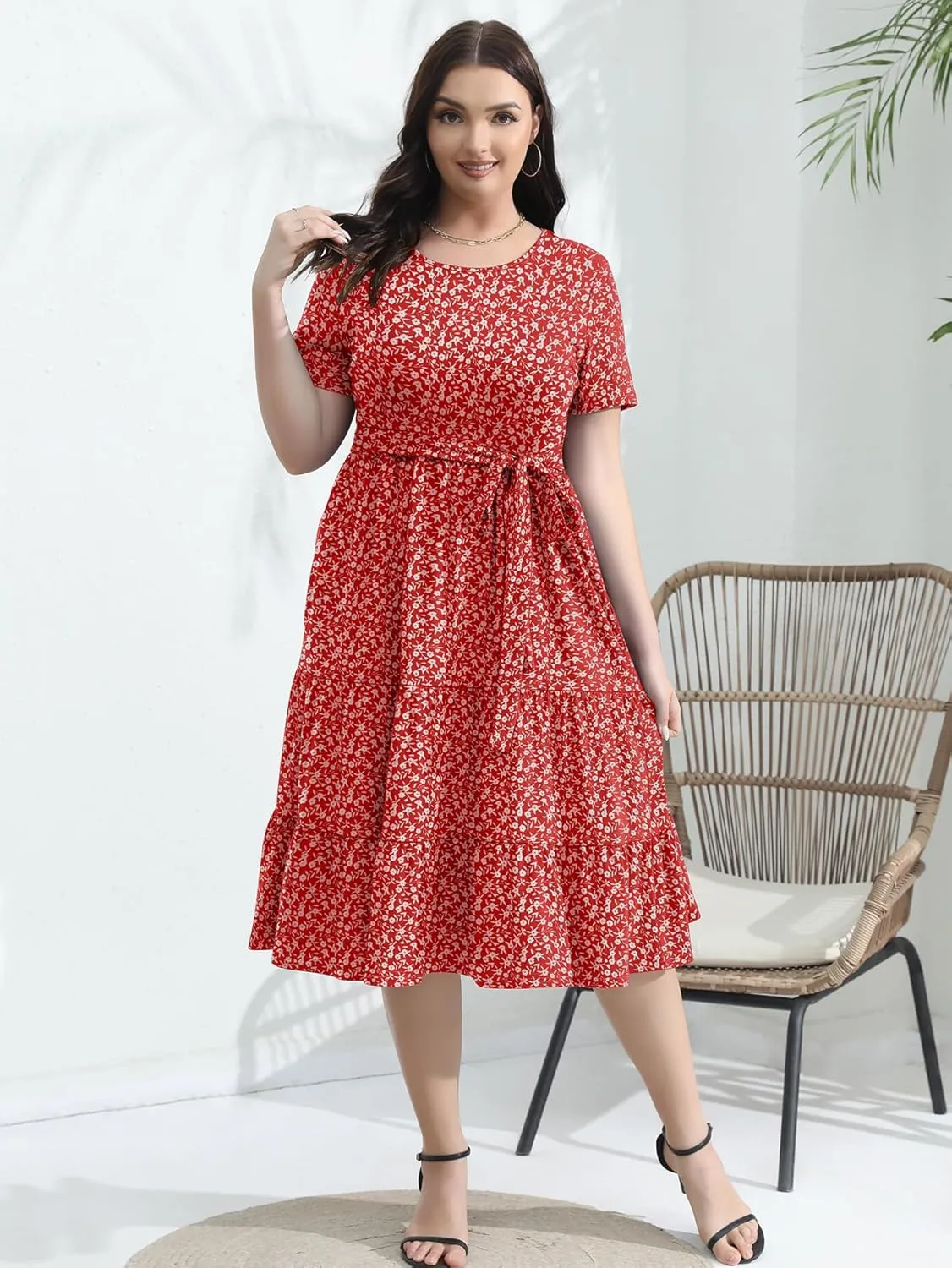 Plus Size Elegant Floral Dresses for Women 2025 Midi Tiered Flowy Belted Modest Wedding Guest Dress with Pockets