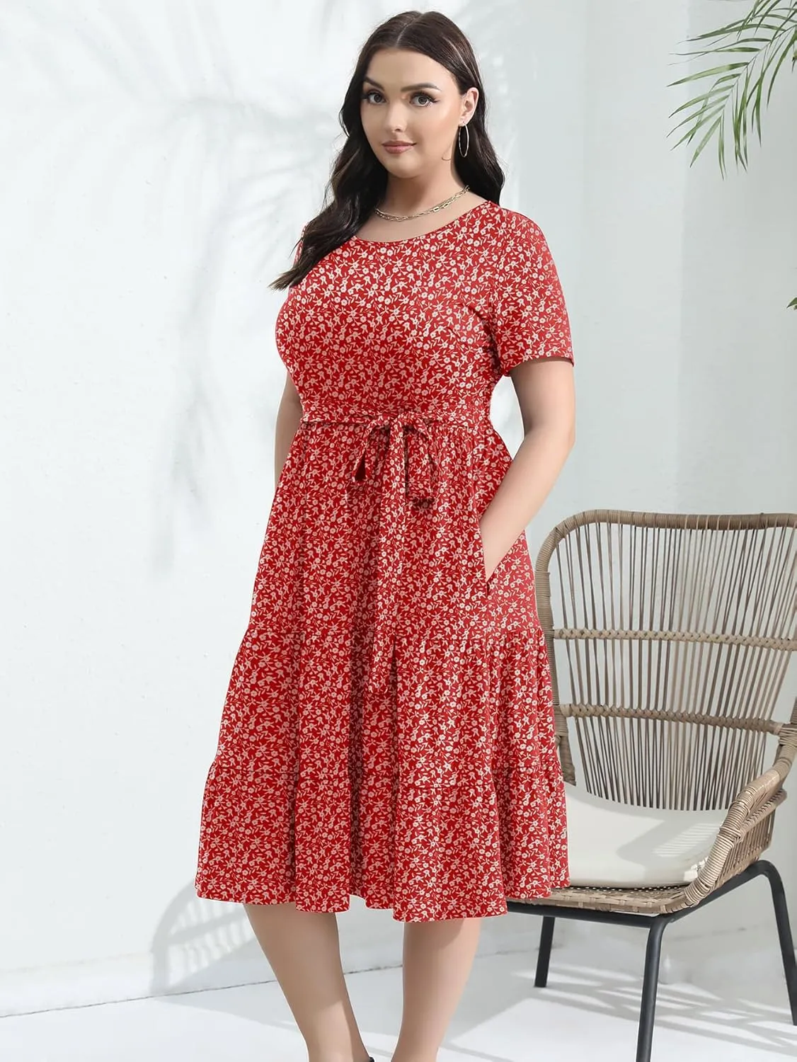 Plus Size Elegant Floral Dresses for Women 2025 Midi Tiered Flowy Belted Modest Wedding Guest Dress with Pockets
