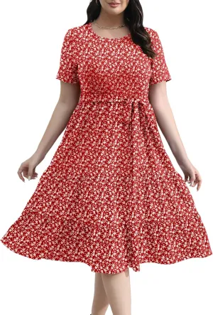 Plus Size Elegant Floral Dresses for Women 2025 Midi Tiered Flowy Belted Modest Wedding Guest Dress with Pockets