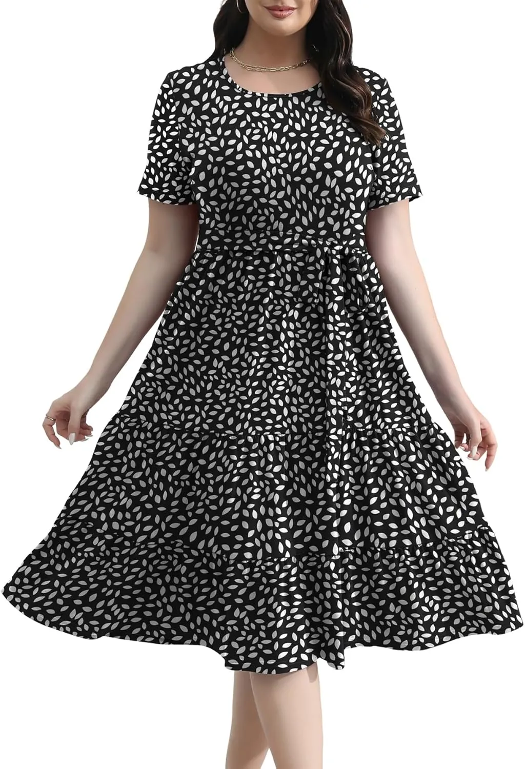 Plus Size Elegant Floral Dresses for Women 2025 Midi Tiered Flowy Belted Modest Wedding Guest Dress with Pockets