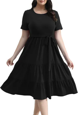 Plus Size Elegant Floral Dresses for Women 2025 Midi Tiered Flowy Belted Modest Wedding Guest Dress with Pockets