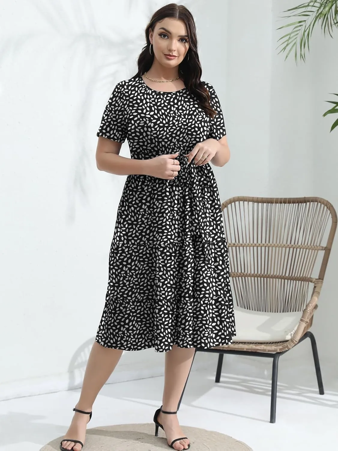 Plus Size Elegant Floral Dresses for Women 2025 Midi Tiered Flowy Belted Modest Wedding Guest Dress with Pockets