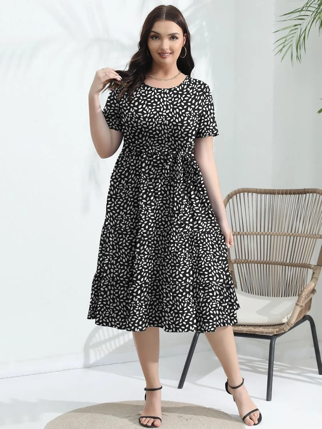 Plus Size Elegant Floral Dresses for Women 2025 Midi Tiered Flowy Belted Modest Wedding Guest Dress with Pockets