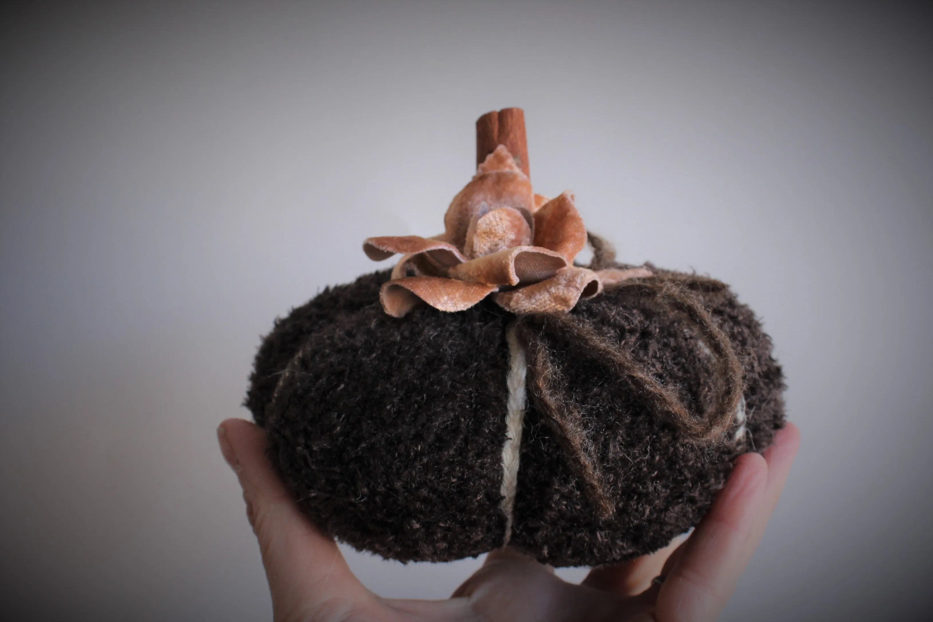 "Milk Chocolate" Brown Knit Pumpkin Pillow Pouf, Cinnamon Stick Stem