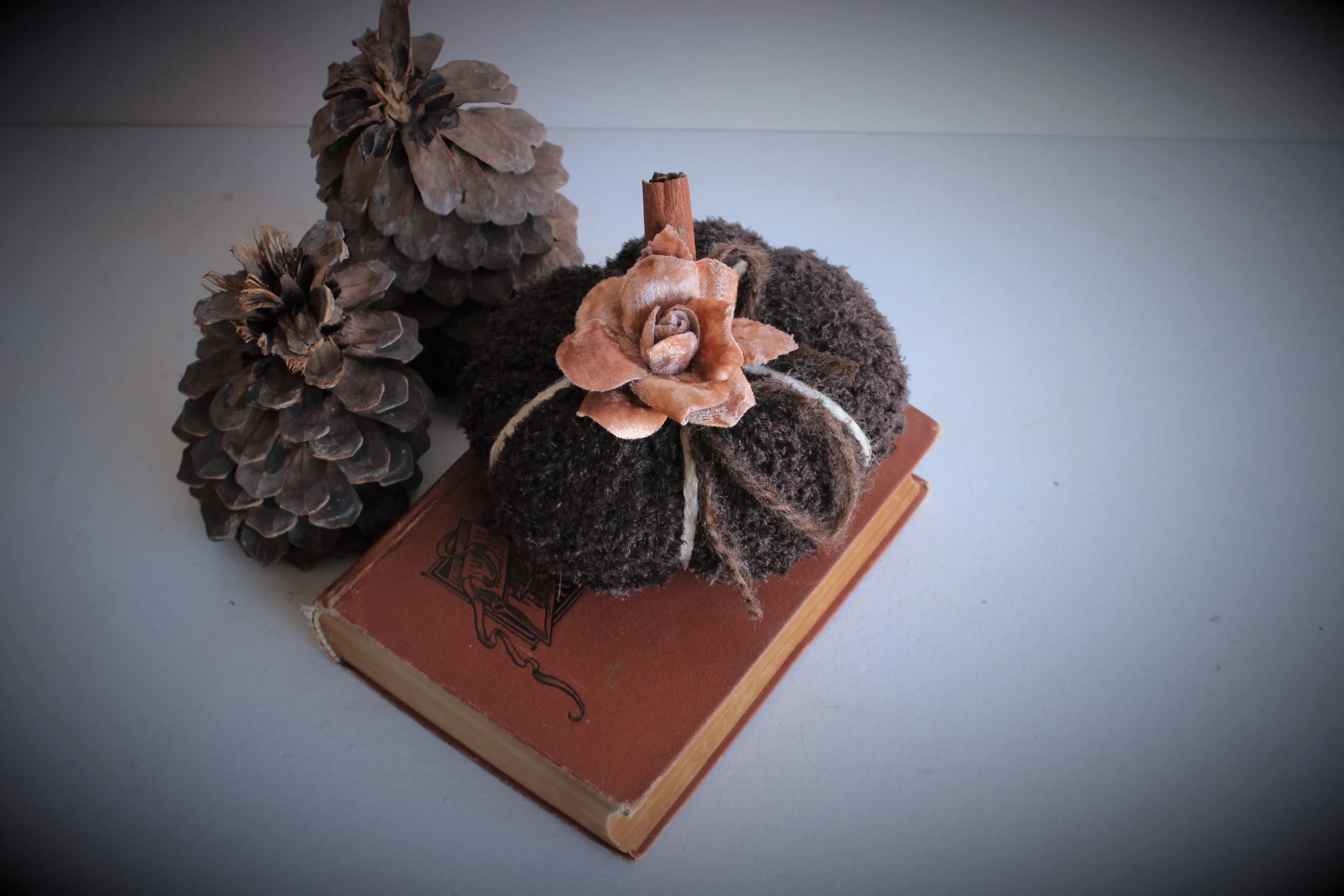 "Milk Chocolate" Brown Knit Pumpkin Pillow Pouf, Cinnamon Stick Stem