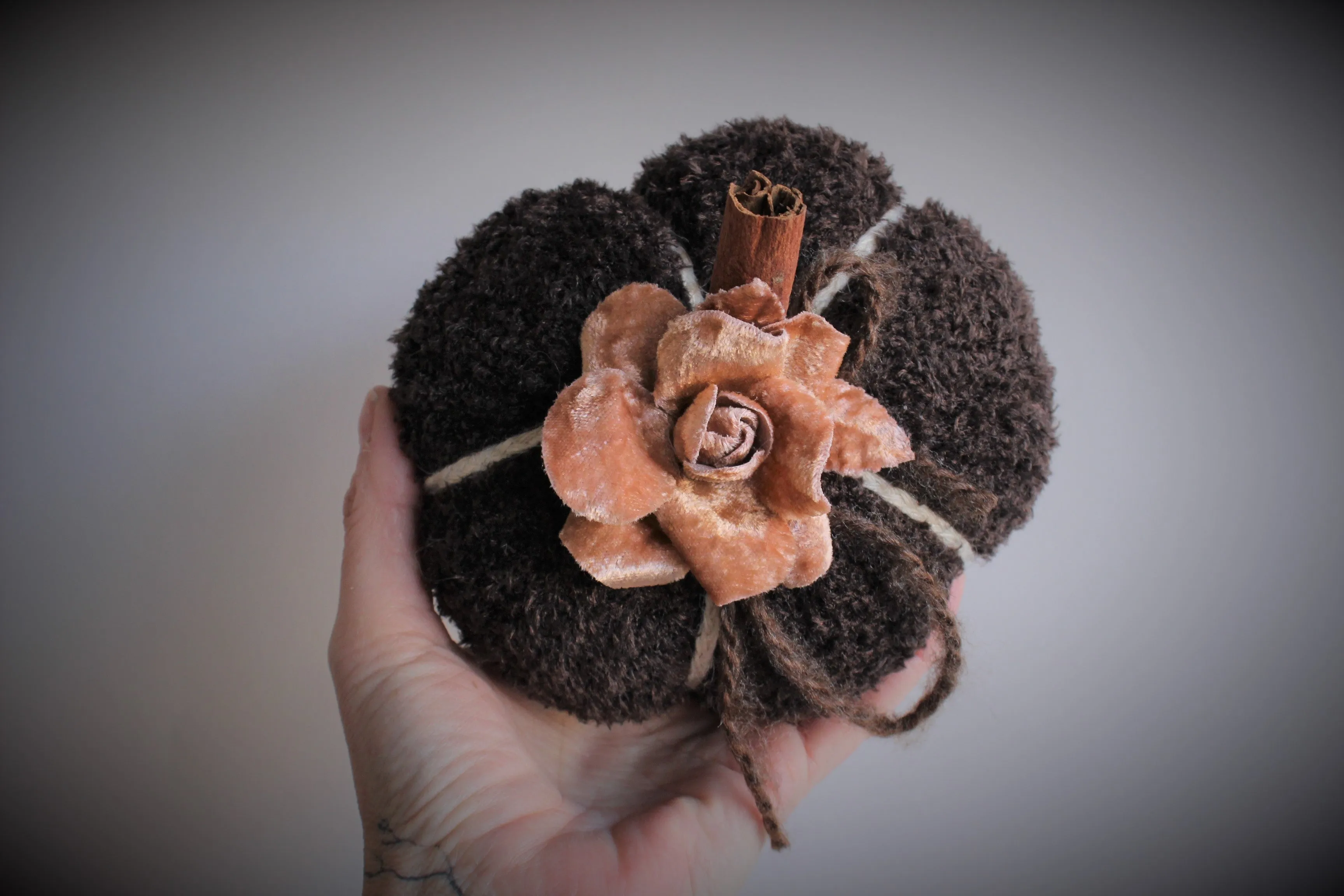 "Milk Chocolate" Brown Knit Pumpkin Pillow Pouf, Cinnamon Stick Stem