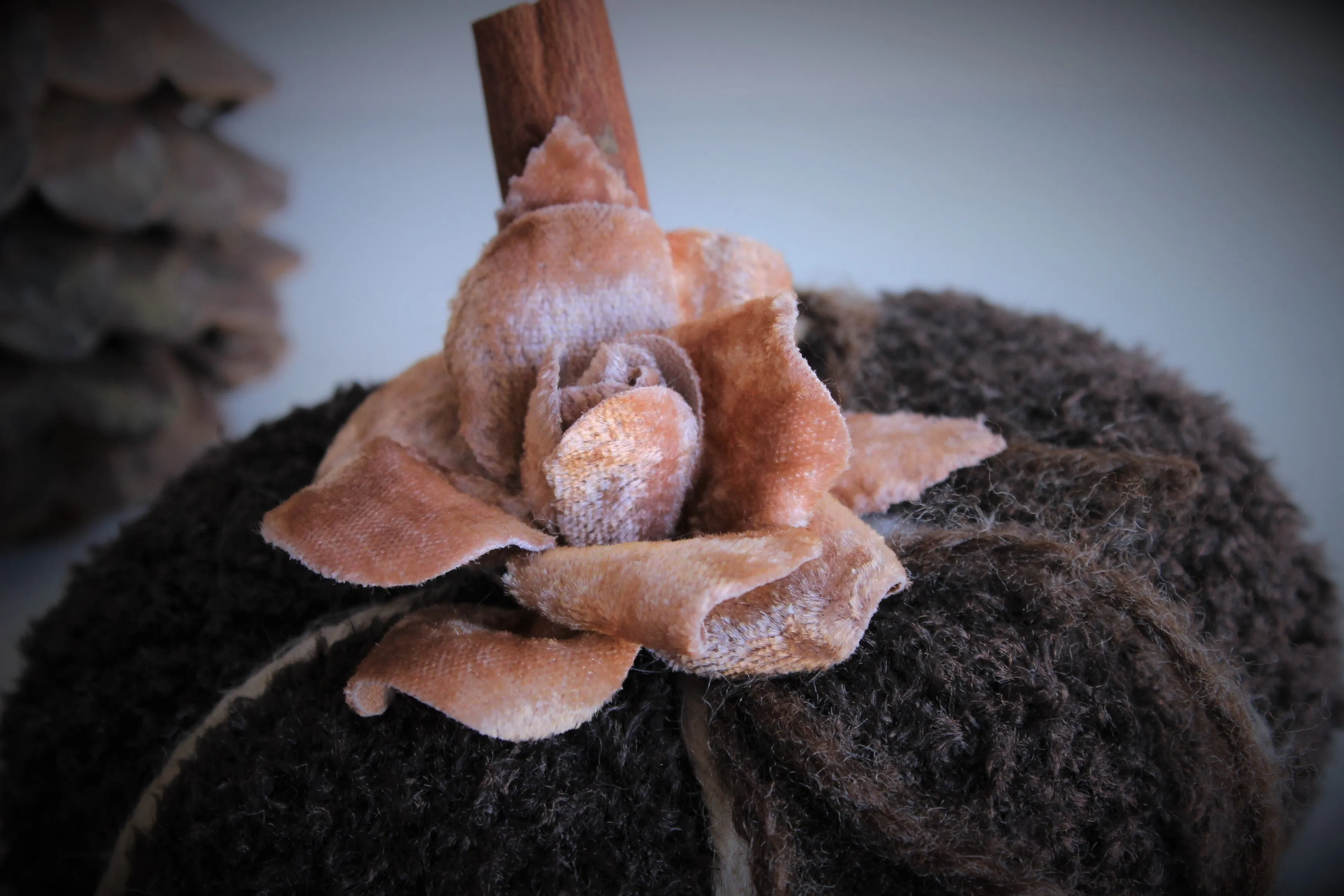 "Milk Chocolate" Brown Knit Pumpkin Pillow Pouf, Cinnamon Stick Stem