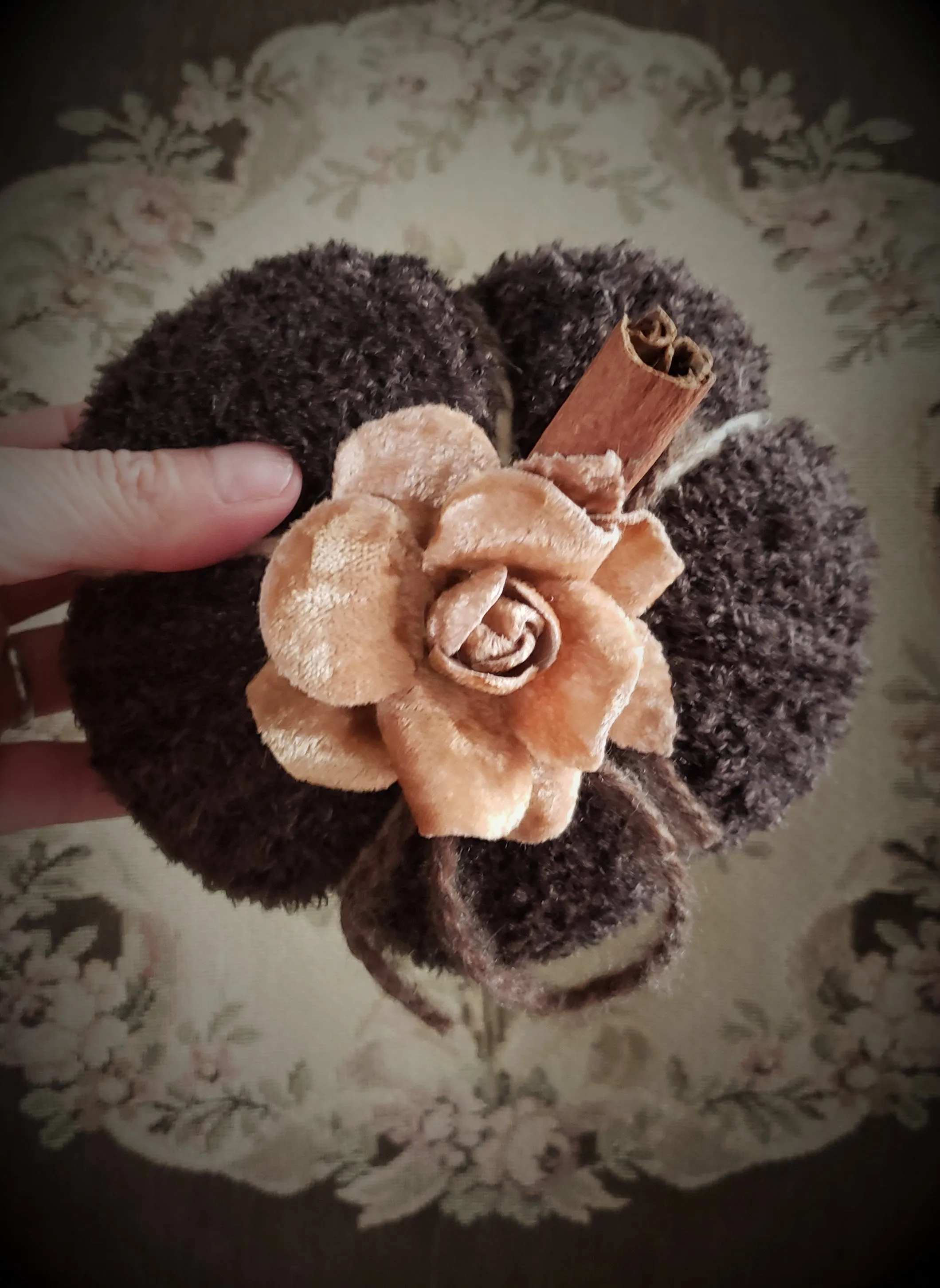 "Milk Chocolate" Brown Knit Pumpkin Pillow Pouf, Cinnamon Stick Stem