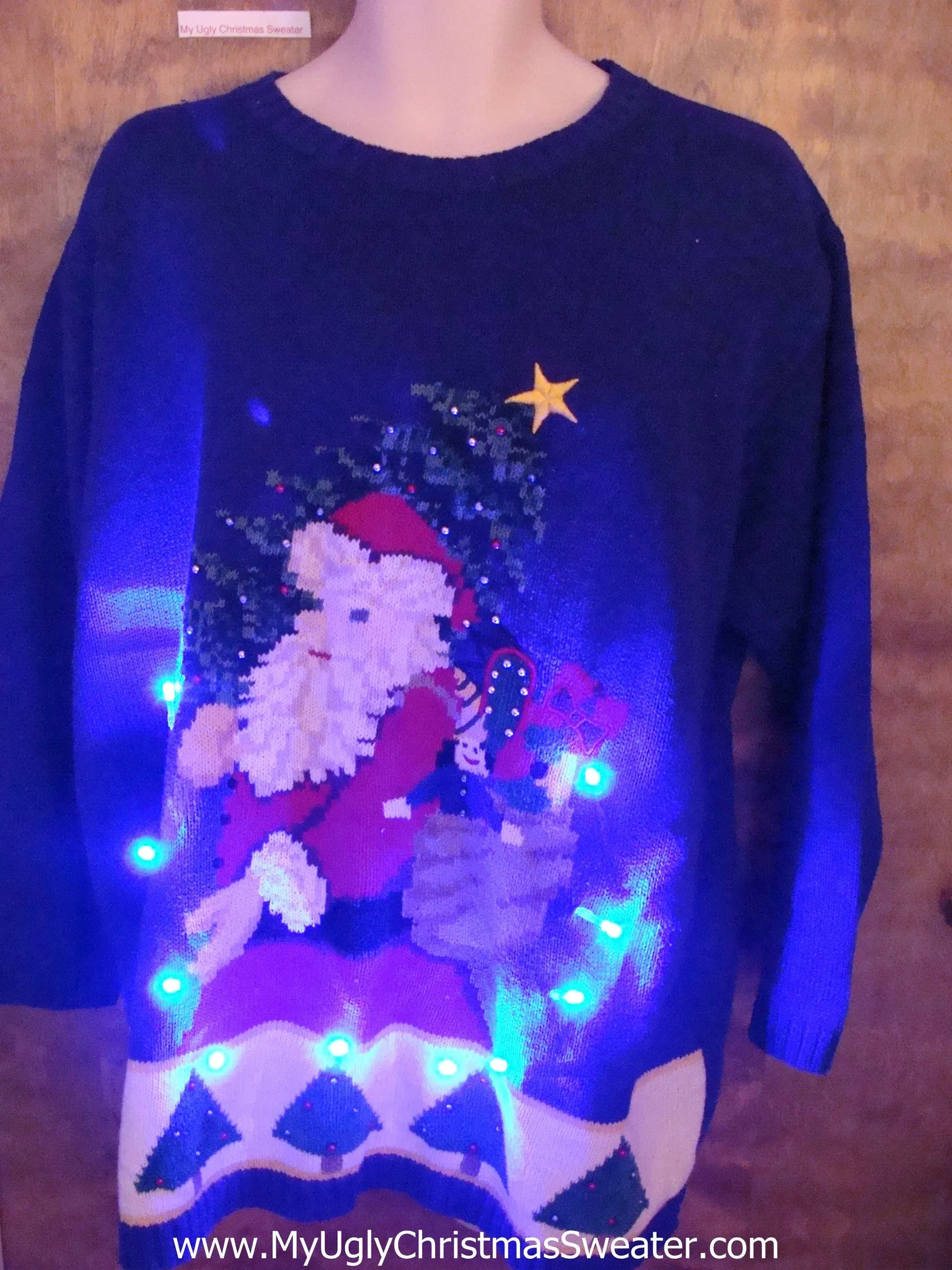 Santa Carrying Tree Blue Light Up Ugly Xmas Sweater