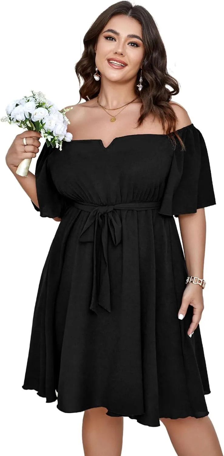 SCOMCHIC Womens Plus Size Cocktail Dress Summer Off Shoulder Short Sleeve Flowy Ruffle A-Line Cute Mini Dress with Belt