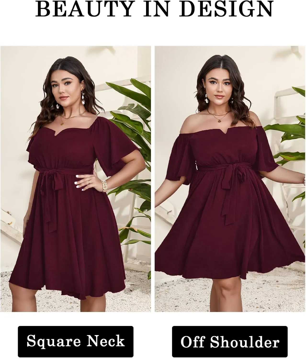 SCOMCHIC Womens Plus Size Cocktail Dress Summer Off Shoulder Short Sleeve Flowy Ruffle A-Line Cute Mini Dress with Belt