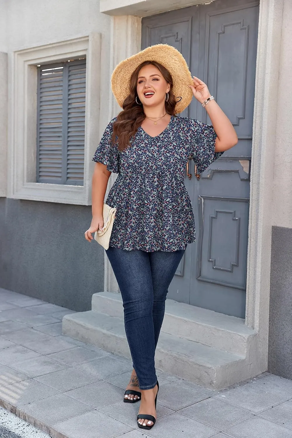SHIJIALI Womens Plus Size Tops Flutter Sleeve Tunic Empire Waist V Neck Shirts Dressy Blouse