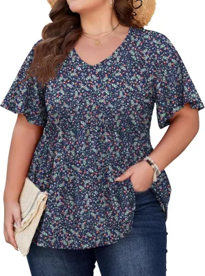 SHIJIALI Womens Plus Size Tops Flutter Sleeve Tunic Empire Waist V Neck Shirts Dressy Blouse