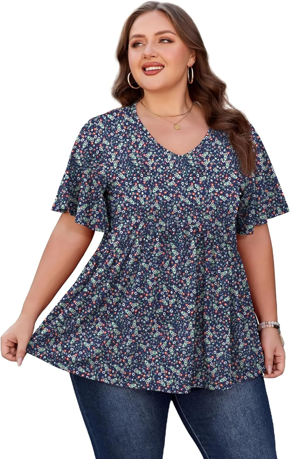 SHIJIALI Womens Plus Size Tops Flutter Sleeve Tunic Empire Waist V Neck Shirts Dressy Blouse