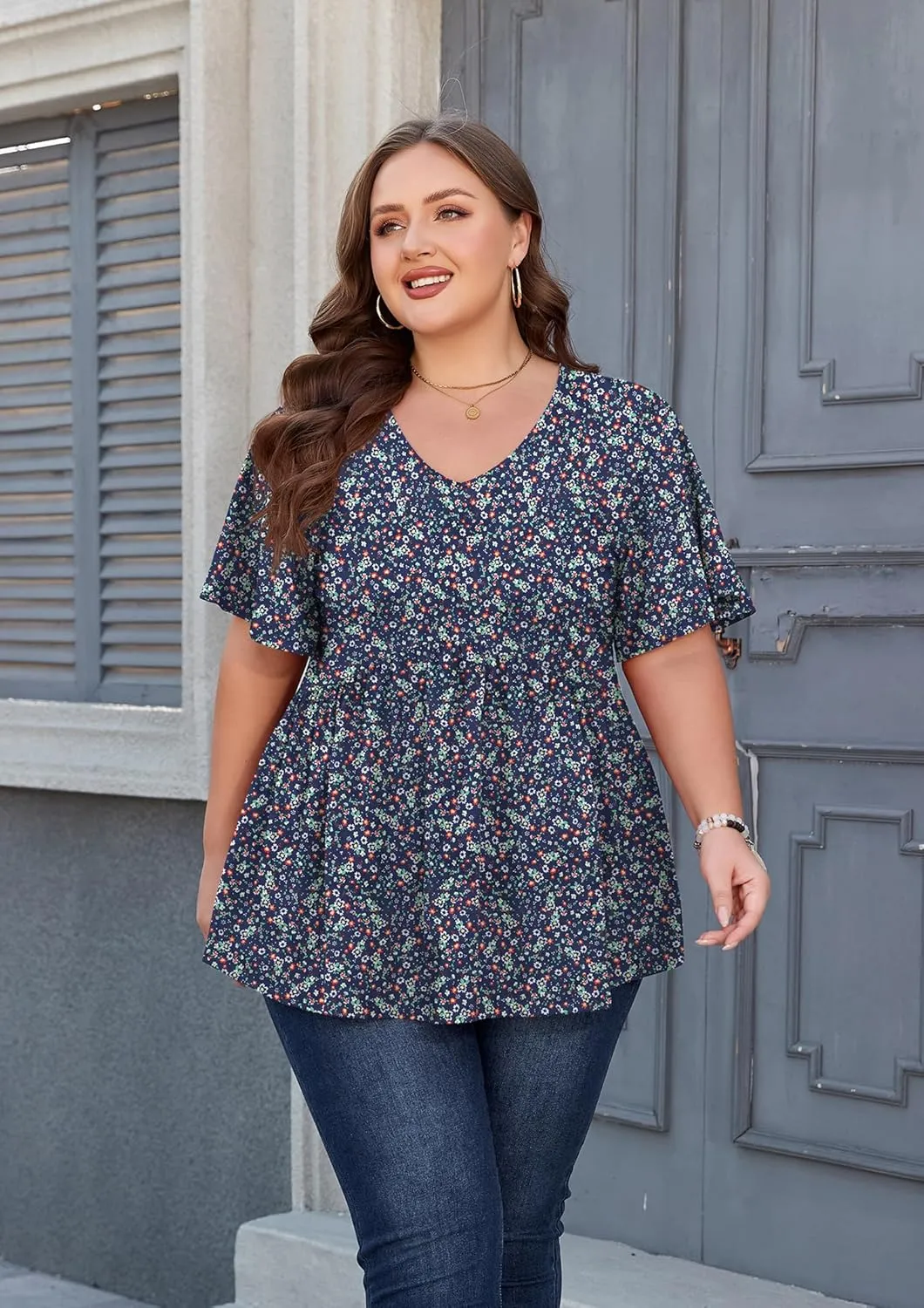 SHIJIALI Womens Plus Size Tops Flutter Sleeve Tunic Empire Waist V Neck Shirts Dressy Blouse