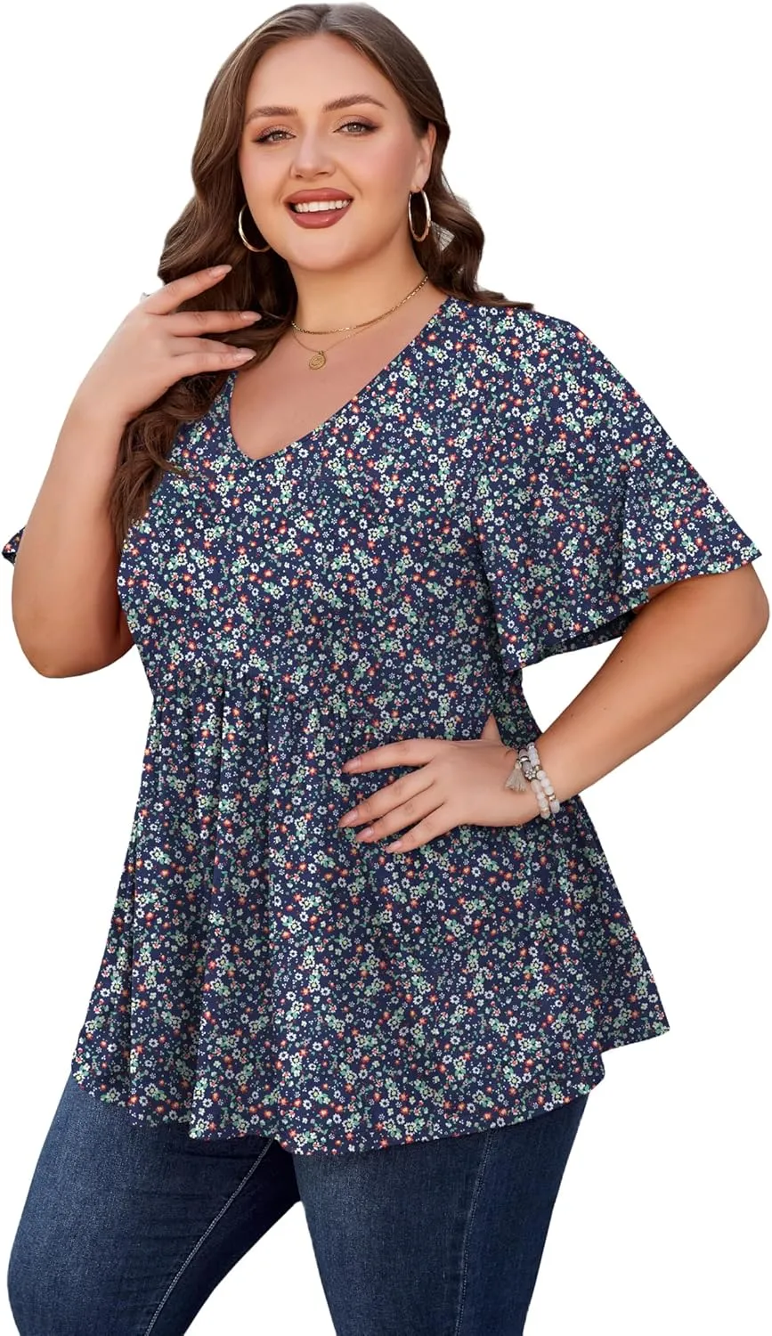 SHIJIALI Womens Plus Size Tops Flutter Sleeve Tunic Empire Waist V Neck Shirts Dressy Blouse