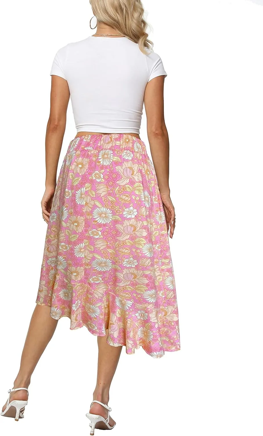 Sinono Women's Boho Floral Print High Waist High Low Asymmetric Split Ruffle Hem Midi Skirt