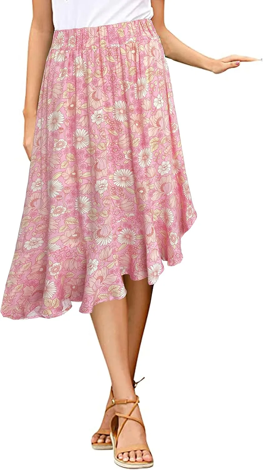 Sinono Women's Boho Floral Print High Waist High Low Asymmetric Split Ruffle Hem Midi Skirt