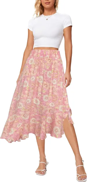 Sinono Women's Boho Floral Print High Waist High Low Asymmetric Split Ruffle Hem Midi Skirt