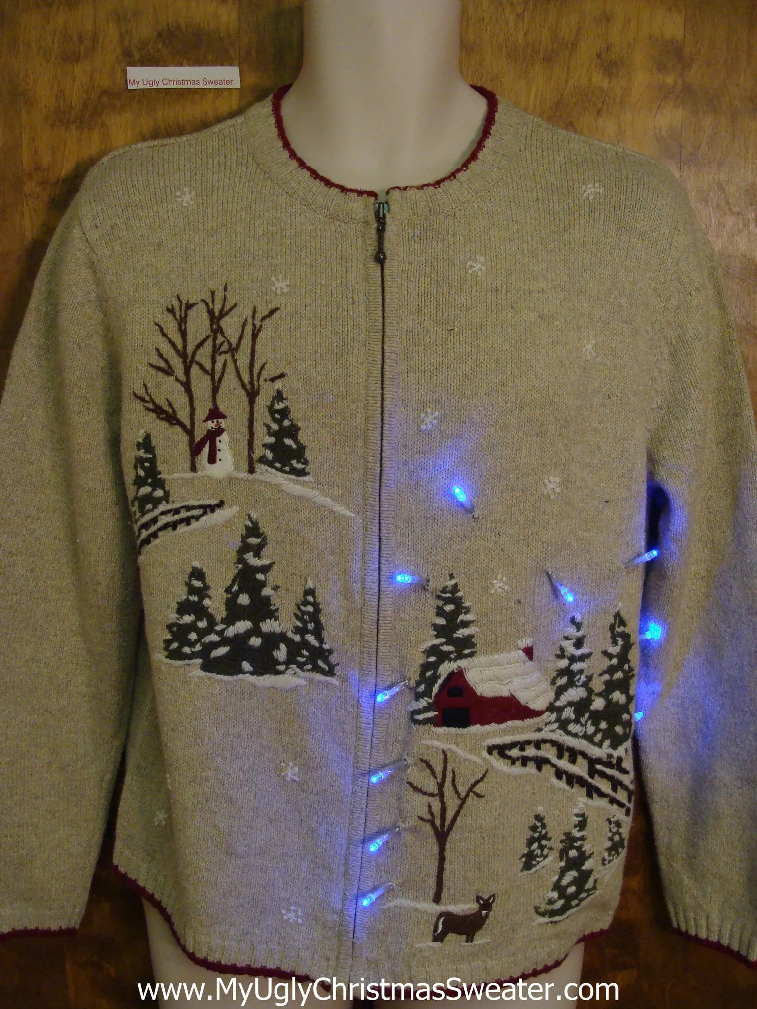 Snowy Cozy Red Barn Light Up Ugly Xmas Sweater