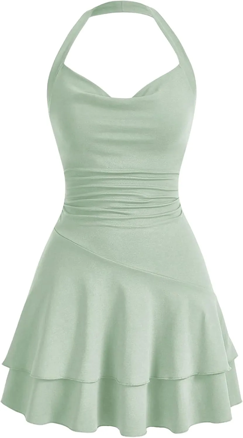 SOLY HUX Cute Halter Mini Dresses for Women Summer Sexy Club Party Backless Short Sundress