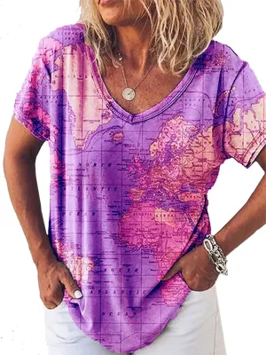 Summer Women's World Map V-Neck Short Sleeve T-Shirt Vintage Pattern Fashion 3D Print Oversized Loose Casual Top