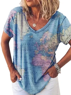 Summer Women's World Map V-Neck Short Sleeve T-Shirt Vintage Pattern Fashion 3D Print Oversized Loose Casual Top