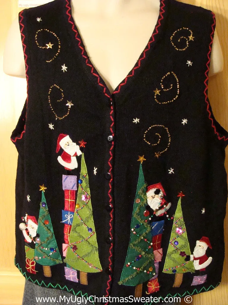 Tacky Christmas Sweater Party Ugly Sweater Vest Bling Trees and Santas on Front and Back (f908)