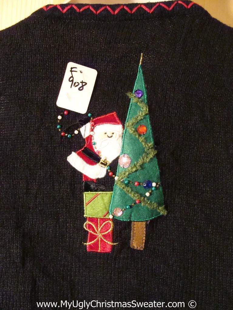 Tacky Christmas Sweater Party Ugly Sweater Vest Bling Trees and Santas on Front and Back (f908)