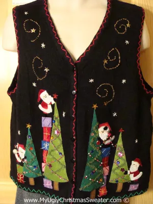 Tacky Christmas Sweater Party Ugly Sweater Vest Bling Trees and Santas on Front and Back (f908)