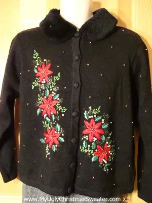Tacky Christmas Sweater Party Ugly Sweater with Gold Bead Accents and Red Festive Poinsettias and Furry Collar (f968)