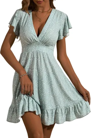 TORARY Womens Summer Dresses 2025 Floral Cap Sleeve Wrap V Neck Ruffle A-Line Sun Dress