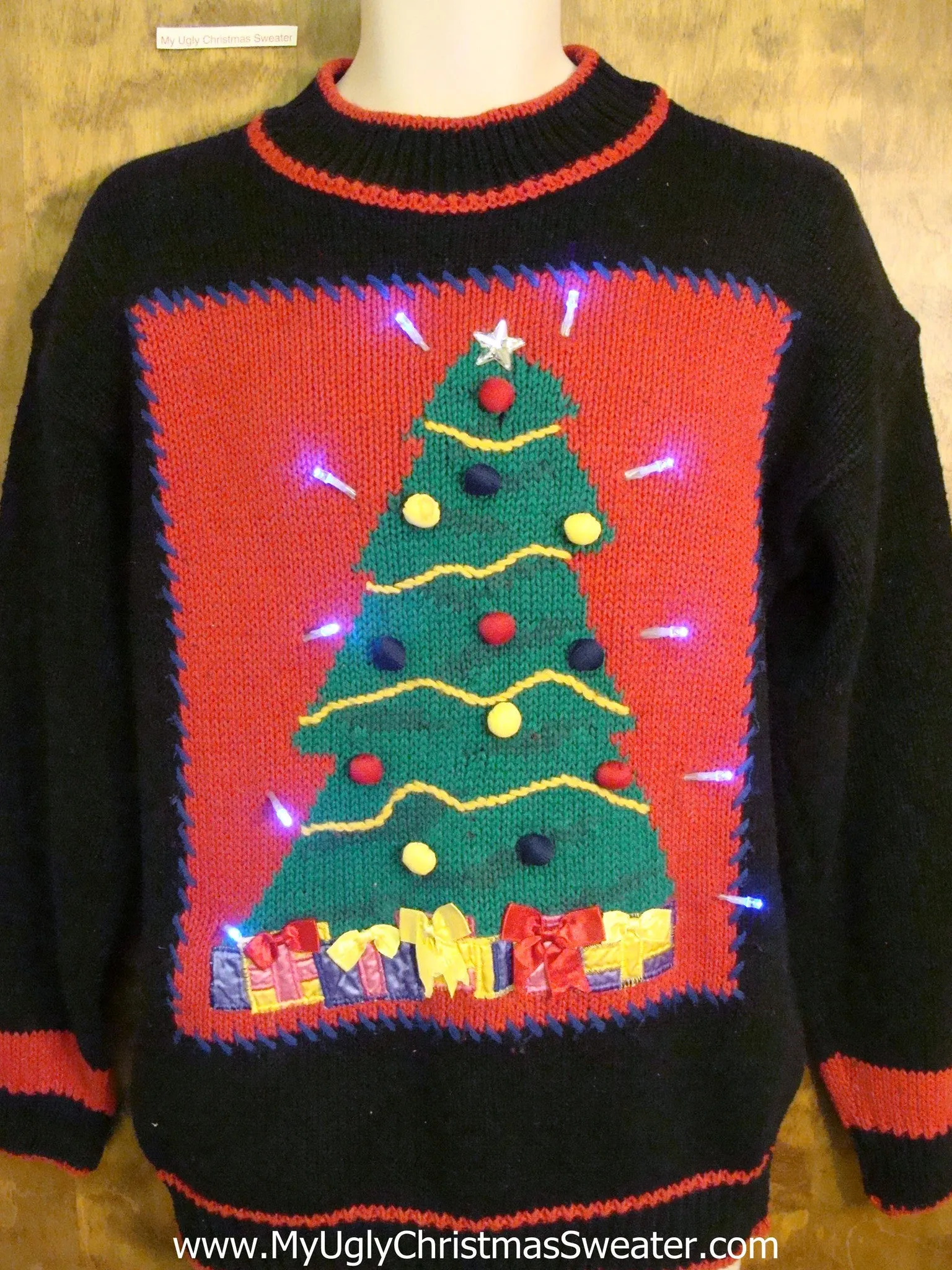 Tree with Pom Poms Light Up Ugly Xmas Sweater