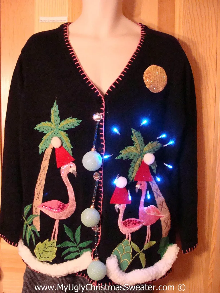 Tropical Themed 3D Ugly Christmas Sweater with Lights Flamingos Palm Trees(t5)