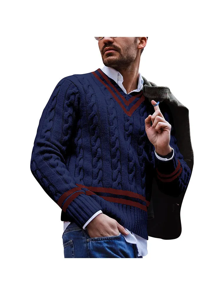 V-Neck Men'S Striped Knit Fashion Sweater