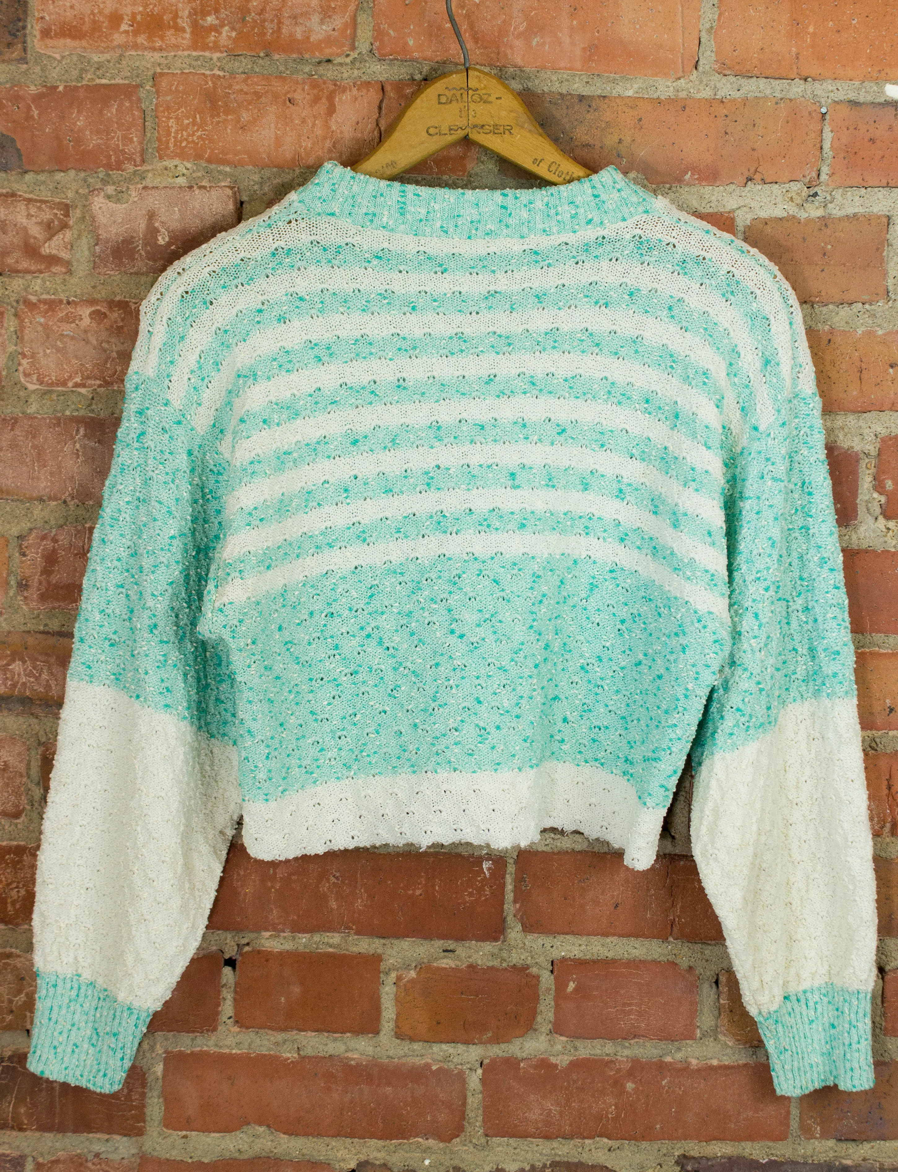 Vintage 80s White and Aqua Striped Cropped Knit Sweater Small-Medium