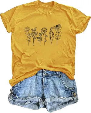 Vintage Floral T Shirts for Women Boho Wildflower Graphic Tees Cute Summer Short Sleeve Casual Tops