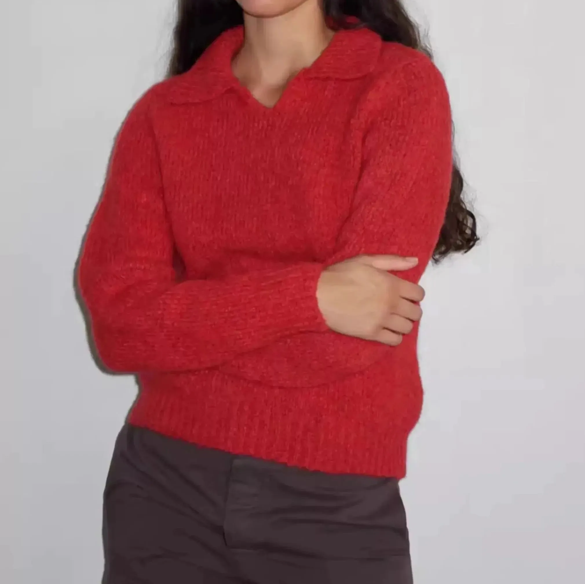 Wenkouban-Black Friday Christmas Thanksgiving outfits_Red Wool Blend Knitted Crochet Letter Lapel Casual Christmas Sweater