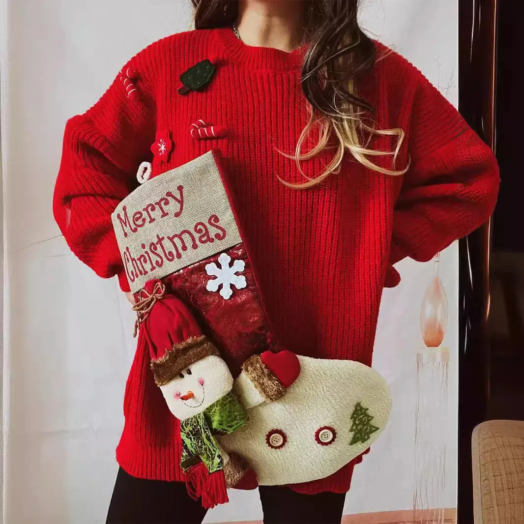 Wenkouban-Christmas Thanksgiving outfits_Loose Thickened Red Christmas Snowman Doll Pocket Christmas Sweater