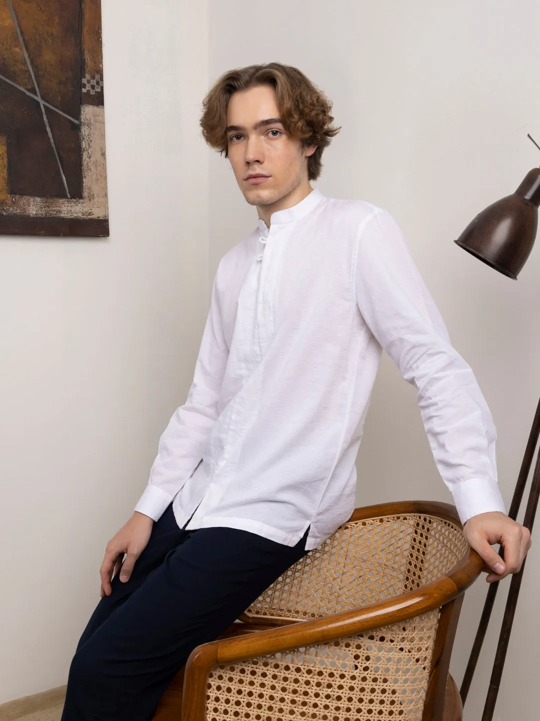White Zippered Chinese Collar