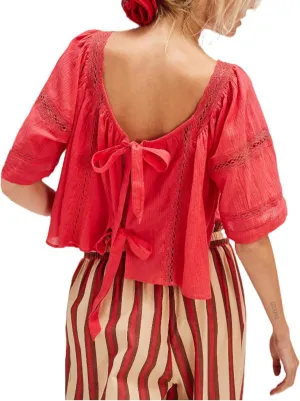 Women Lace Flowy Peplum Tops Boho Bow Tie Front Western Shirts Beach Sheer Ruffle Trim Short Sleeve Peasant Blouse
