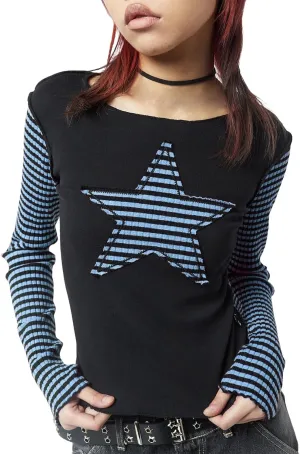 Women Vintage Star Pattern Stripes Patchwork T Shirts Long Sleeve Crew Neck Crop Top Casual Y2K 90s Streetwear